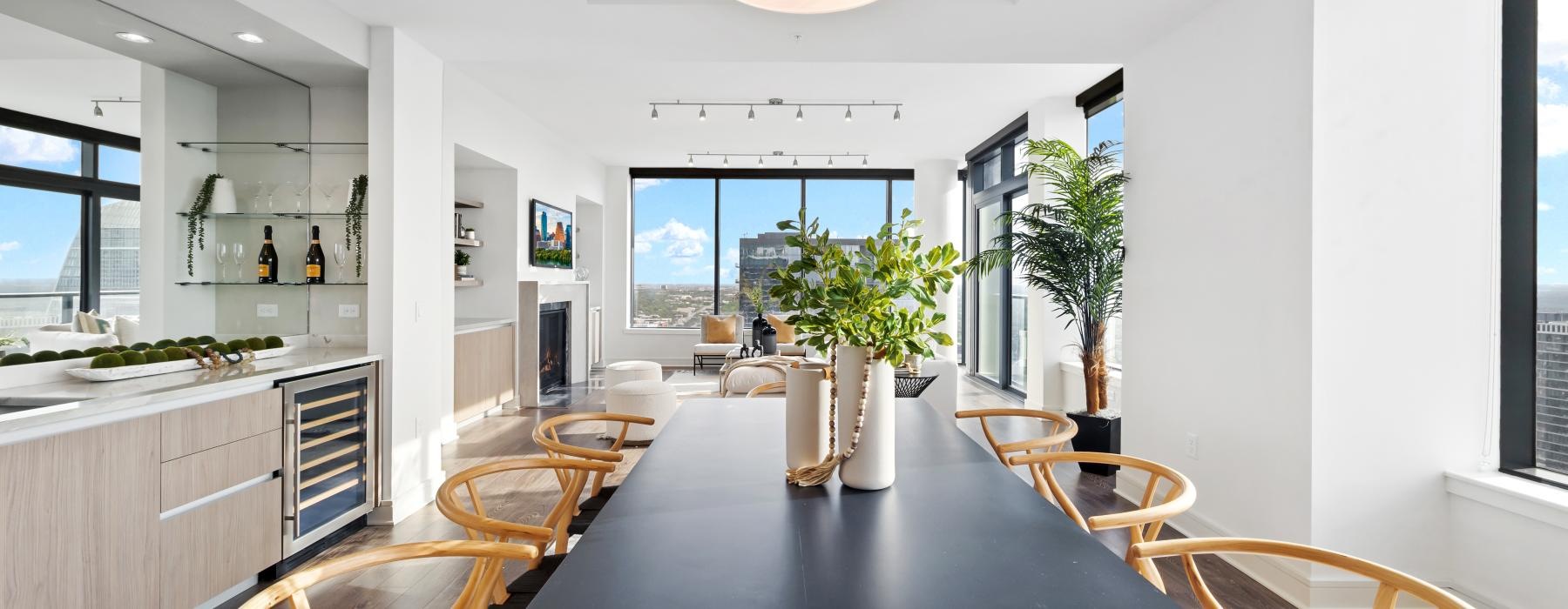 a large kitchen with a large dining table